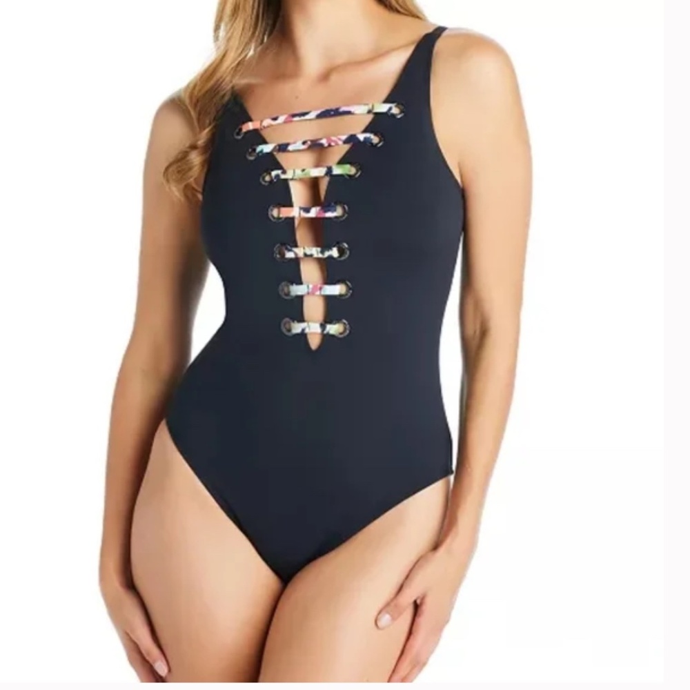 Bleu Rod Beattie Party Animal Lace-Up Black One-Piece Swimsuit Sz 10 EUC